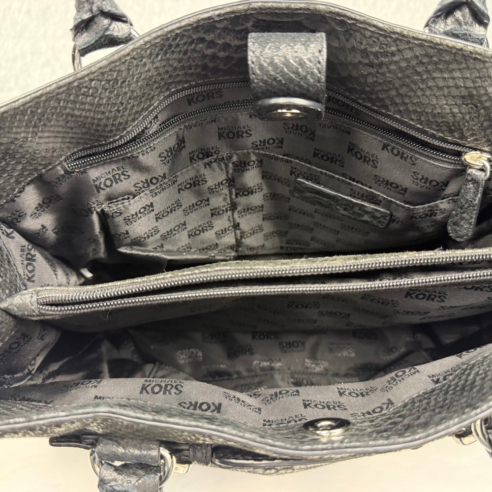 Michael Kors Hamilton Black Snakeskin Embossed Leather Satchel Handbag Silver HW - Picture 8 of 11